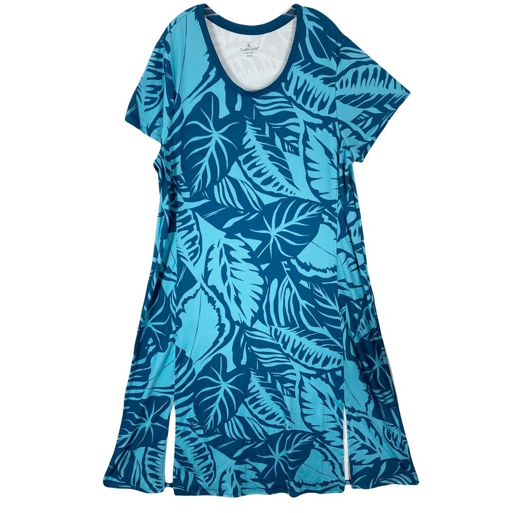Nwot CUDDL DUDS Dress 3X Petite Blue Palm-Leaf Soft A-Line Short-Sleev Midi-Maxi